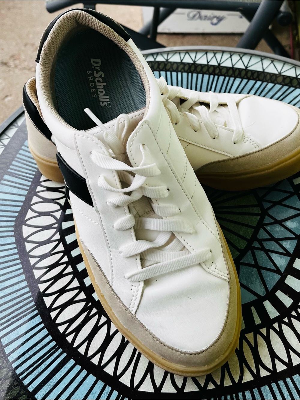Dr. Scholl's Men's White Leather Sneakers with Black Heel Stripe and Gum Sole